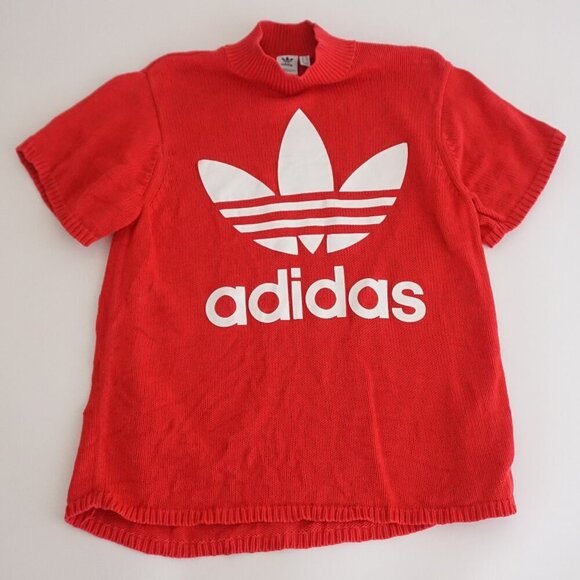 Adidas Red 100% Cotton Knit Big Trefoil Logo Mockneck Short Sleeve Sweater S - Picture 1 of 15